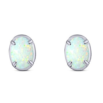 Art Deco Oval Stud Earring Created White Opal Solid 925 Sterling Silver (8mm)